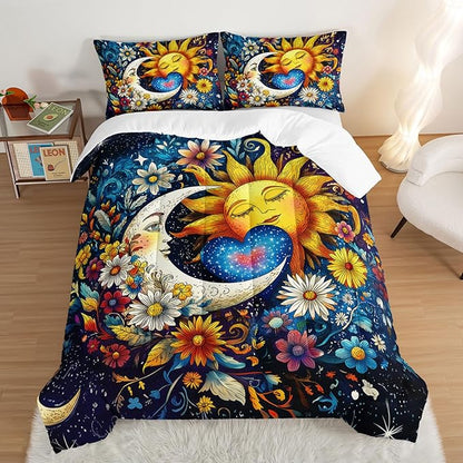 Bedding Sun and Moon Set Queen Size,Colorful Flowers Bohemian Exotic Gothic Comforter Sets for Kids Teens Girls Room Decor,Universe Galaxy Bedding with 2 Pillowcases.