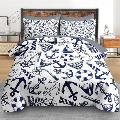 Comforter Set Queen Size, Nautical Anchors Navy Blue 7 Pcs Bedding for Kids and Adults, Retro Sailor Lighthouse Bed Sheet Sets with Fitted Sheet 2 Pillowcase & 2 Sham for Bedroom Bed Decor