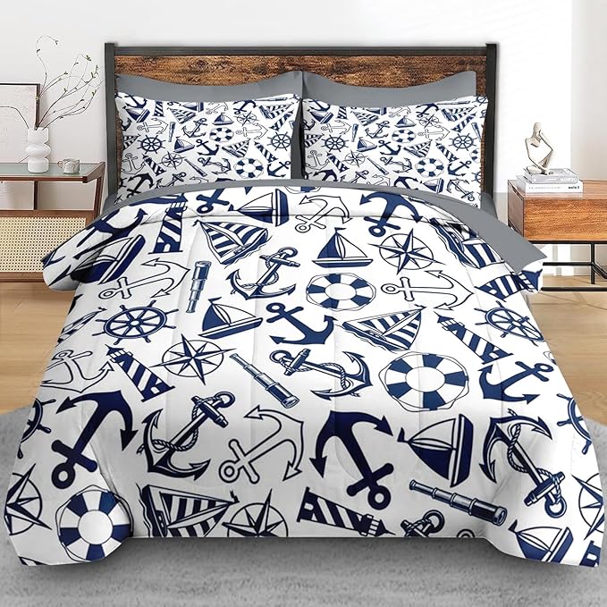 Comforter Set Twin Size, Nautical Anchors Navy Blue 5 Pcs Bedding for Kids and Adults, Retro Sailor Lighthouse Bed Sheet Sets with Fitted Sheet Pillowcase & Sham for Bedroom Bed Decor