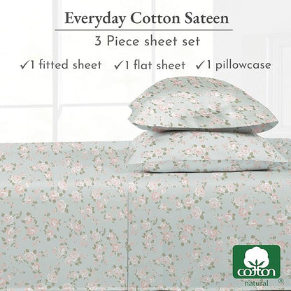 California Design Den Rose Sheet Set Twin, 100% Cotton 12" Pocket Twin Sheets & Pillowcase Set, Soft Sateen Weave - Vintage Rose