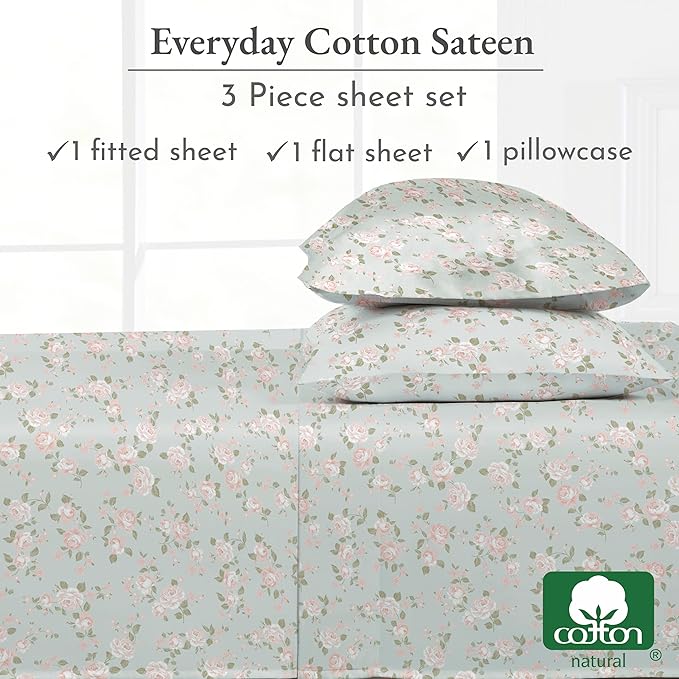California Design Den Rose Sheet Set Twin XL, 100% Cotton 12" Pocket Twin XL Sheets & Pillowcase Set, Soft Sateen Weave - Vintage Rose