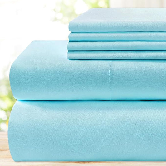 BYSURE 6 Pieces Bed Sheets Set(Queen, Aqua Blue) - Hotel Luxury Super Soft 1800 Thread Count 100% Microfiber Sheets with Deep Pockets, Wrinkle & Fade Resistant