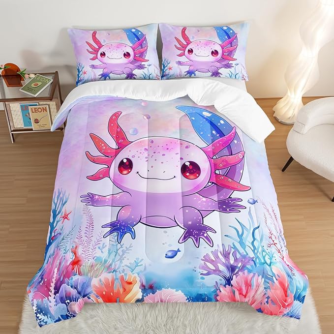 Cute Axolotl Bedding Set Full Size,Pink Axolotl Waterweed Pattern Toddler Bed Comforter Set,Kawaii Sea Life Bedding Sets for Kids Boys Girls Room Decoration with 2 Pillowcases.