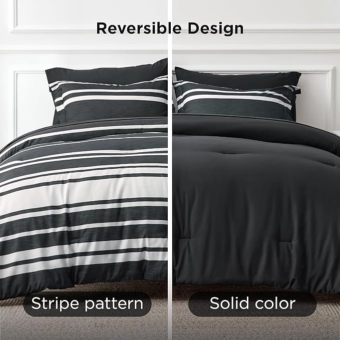 Bedsure King Comforter Set 7 Pieces, Black Striped Bedding Set for All Seasons, Reversible, Cationic Dyeing Bed in a Bag with Comforter, Sheets, Pillowcases & Shams