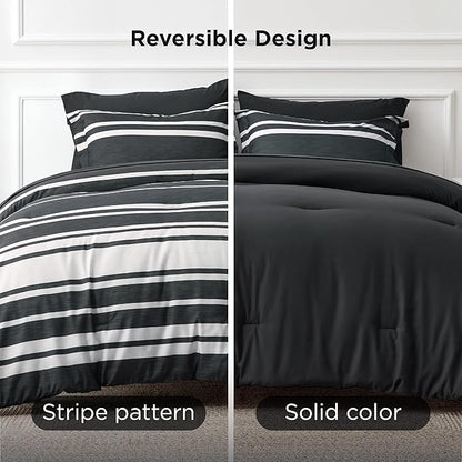 Bedsure Twin Comforter Set 5 Pieces, Black Striped Bedding Set for All Seasons, Reversible, Cationic Dyeing Bed in a Bag with Comforter, Sheets, Pillowcase & Sham