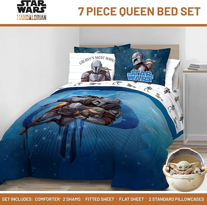 Jay Franco Kids Comforter Set Includes Sheets and Pillow Covers - Soft and Cozy Bed Set for Stylish Room Decor, Official Licensed Bedding, Blue - The Mandalorian, 7 Piece Queen