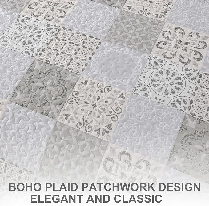 Dobuyly King Size Quilt Set Boho Grey Beige Plaid Patchwork Bedspreads Coverlet Set, 3 Pieces Reversible Lightweight Microfiber Neutral Quilt Bedding Set for All Seasons 110"x90"