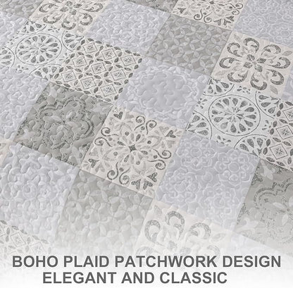 Dobuyly King Size Quilt Set Boho Grey Beige Plaid Patchwork Bedspreads Coverlet Set, 3 Pieces Reversible Lightweight Microfiber Neutral Quilt Bedding Set for All Seasons 110"x90"