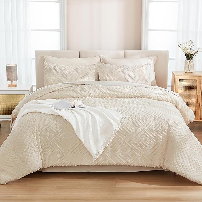 Andency Beige Super King Size Comforter Set with Sheets - 7 Pieces Bed in a Bag Boho Oversized King Bedding Sets Fluffy Lightweight Bed Set with Comforter, Sheets, Pillowcases & Shams