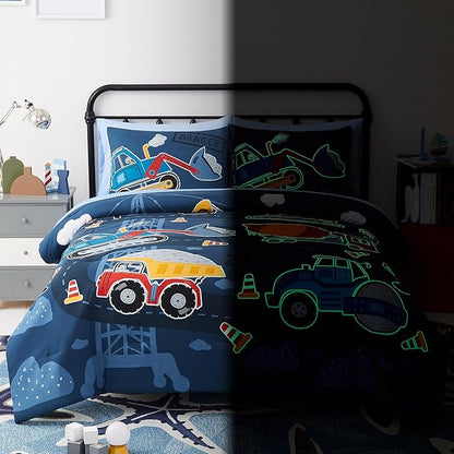 Full Kids Comforter Set - 7 Pieces Full Bedding Sets for Boys Teen, Glow in The Dark Truck Tractor Excavator Bed in A Bag with Sheets