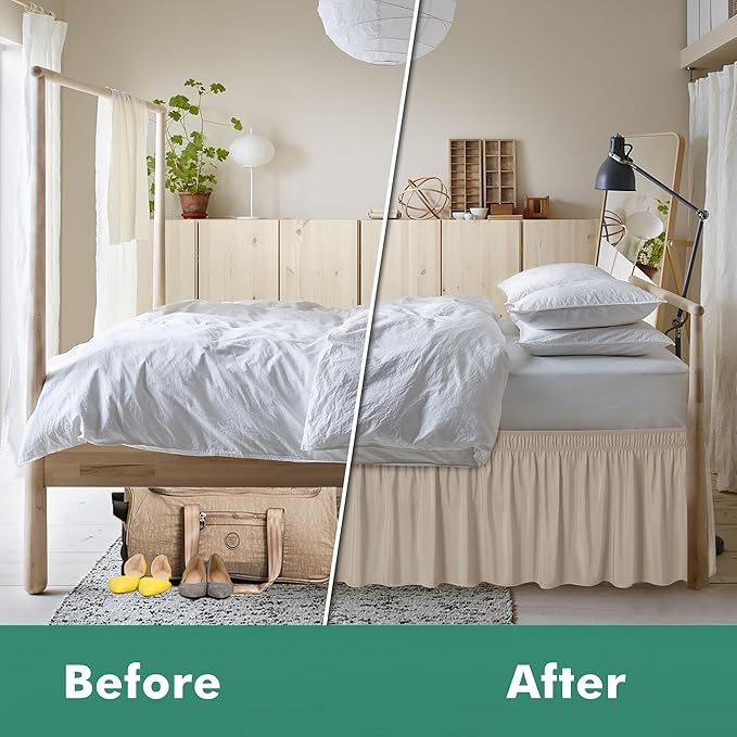 Biscaynebay Wrap Around Bed Skirts with Split Corners for King Beds 15" Drop, Light Camel Adjustable Elastic Dust Ruffles Easy Fit Wrinkle Resistant Silky Luxurious Fabric Machine Washable