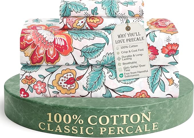 Feather & Stitch Softest 100% Cotton Sheets, 300 Thread Count Percale Weave Bedding, 16" Deep Pocket, Cooling Sheets, Breathable Bed Set, Hotel Premium Quality (Queen, Vintage Garden)