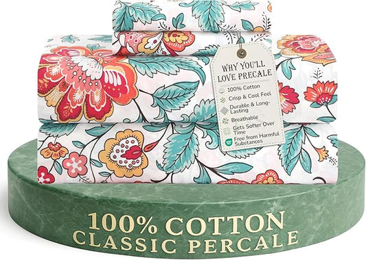 Feather & Stitch Softest 100% Cotton Sheets, 300 Thread Count Percale Weave Bedding, 16" Deep Pocket, Cooling Sheets, Breathable Bed Set, Hotel Premium Quality (Queen, Vintage Garden)
