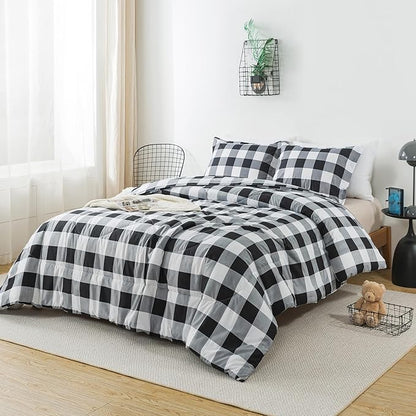 Caressma Plaid Comforter Set Black and White Full Size, 3 Pieces Buffalo Plaid Comforter Bedding Set, Stylish Geometric Plaid Fluffy Home Decor for All Seasons