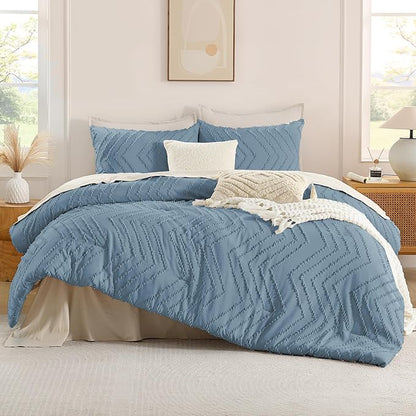 Andency Greyish Blue California King Comforter Set, Boho Cal King Soft Warm Tufted Neutral Bedding Comforter Sets, 3 Pieces Cali King Aesthetic Chevron Farmhouse Cute Bohemian Textured Bedding Set