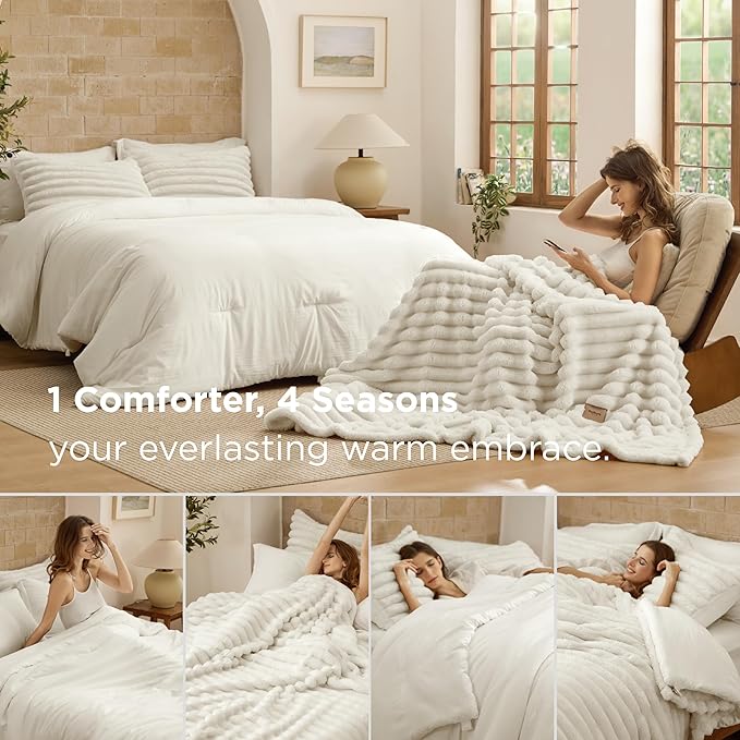 Bedsure Gentlesoft™ 2-in-1 King Size Comforter Set and Detachable Fluffy Blanket, Cream White Bedding Set For All Season Use, SnapTech™ Design for Space Saving (Includes 2 Pillow Shams, 2 Pillowcases)