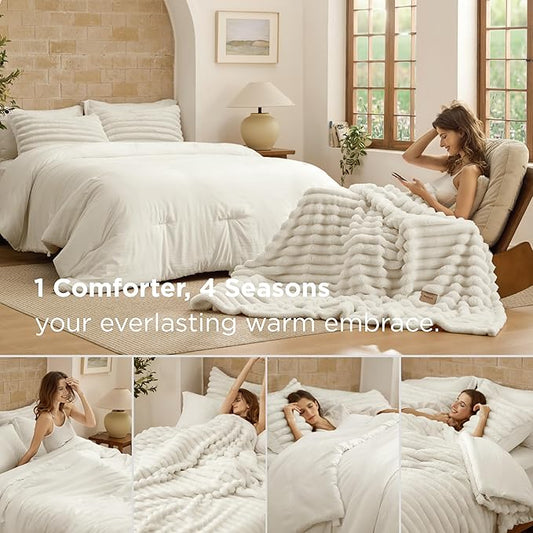 Bedsure Gentlesoft™ 2-in-1 King Size Comforter Set and Detachable Fluffy Blanket, Cream White Bedding Set For All Season Use, SnapTech™ Design for Space Saving (Includes 2 Pillow Shams, 2 Pillowcases)