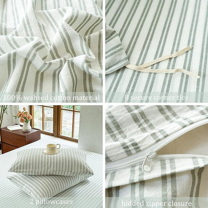 Striped Duvet Cover Set 100% Washed Cotton Linen Like Soft Feelling Breathable Bedding(White/Sage Green Strip,Twin)