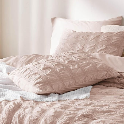 Bedsure Bed in a Bag Full - 7 Pieces Plaid Seersucker Bedding Comforter Sets, Soft Lightweight Rose Dust Boho Bed Set with Comforters Full Size, Sheets, Pillowcases & Shams