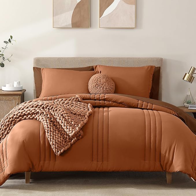Monbix Oversized King Size Comforter Set - 7 Pieces Burnt Orange Bed in a Bag Oversized King Bedding Sets with Comforters, All Seasons Comforter Bed Set with Sheets, Pillowcases & Shams