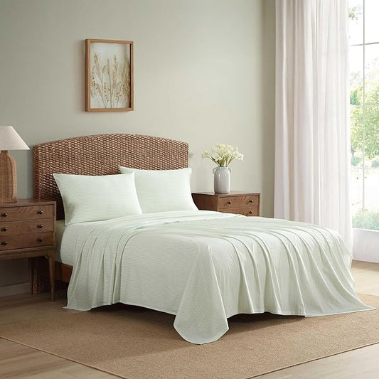 Laura Ashley - Queen Sheet Set, Crisp & Cool Cotton Percale Bed Sheets, Deep Pockets, Striped Bedding with Matching Fitted Sheet & Pillowcases (Bedford Skinny Stripe Green)