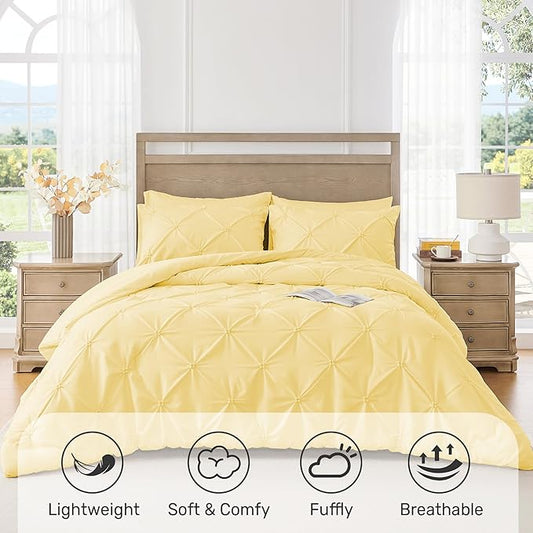 UNIKOME Queen Comforter Set Yellow - Ultra Soft Boho Pintuck Down Alternative Bedding Set for All Seasons, 3 Pieces Lightweight Warm Pinch Pleat Bed Set with Comforter, 2 Pillowcases