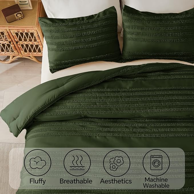 BEDELITE Boho King Size Comforter Set - Olive Green Tufted Striped Bed Set 3 Pieces, Soft Vintage Farmhouse Comforter for All Seasons, Boho Home Decor,Fluffy Jacquard Bedding with Pillow Sham