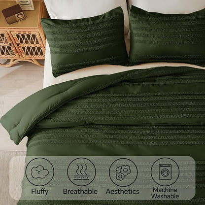 BEDELITE Boho King Size Comforter Set - Olive Green Tufted Striped Bed Set 3 Pieces, Soft Vintage Farmhouse Comforter for All Seasons, Boho Home Decor,Fluffy Jacquard Bedding with Pillow Sham