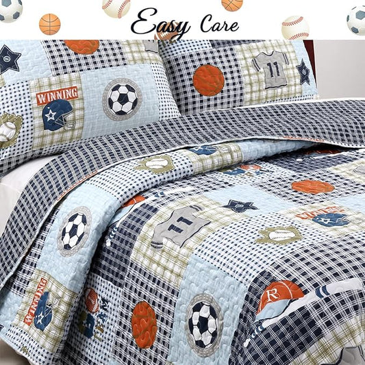 Cozy Line Home Fashions Blue Sports Baseball Basketball Soccer Ball Football Quilt Set Bedspread Coverlet for Boys Kids (Sport, Twin - 2 Piece)