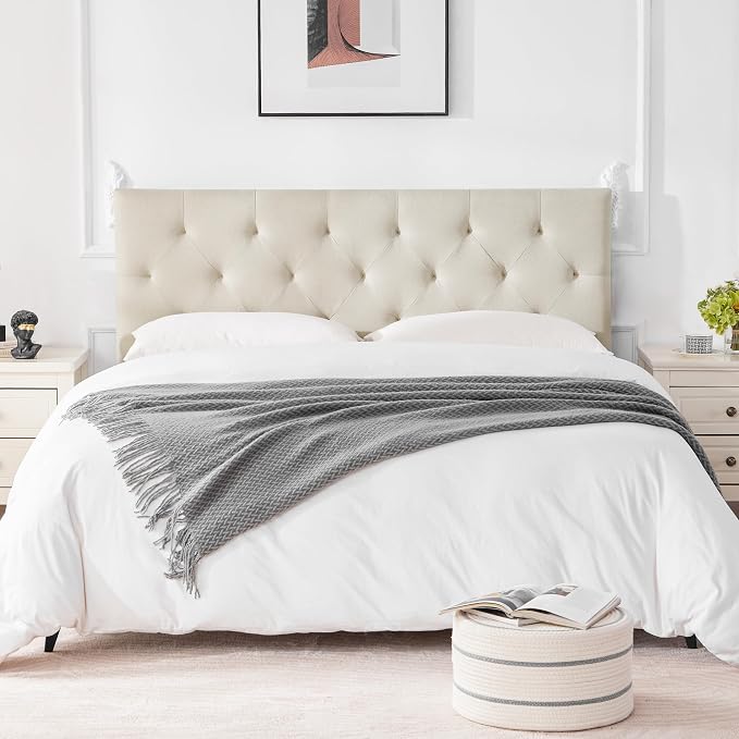Linen Headboard King Size, Adjustable Height Headboard 37-51 in, Beige | Diamond Tufting Solid Wood King Headboards, Durable Metal Legs, Upholstered King Head Board for Bed Frame, Modern Fabric