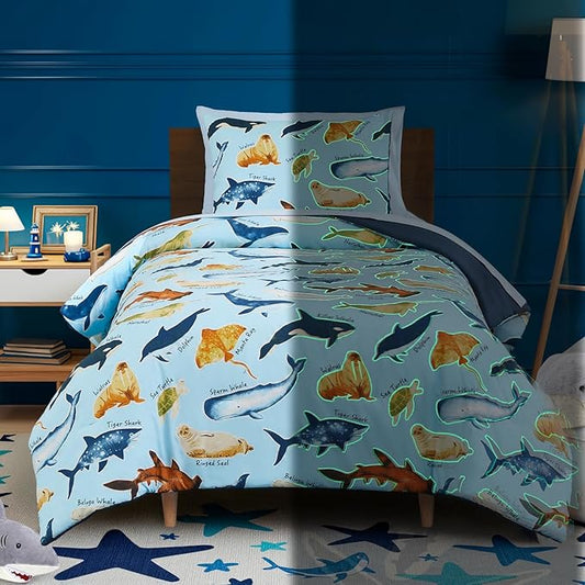 Kids Comforter Set Twin Size for Boys, Glow in The Dark Sea World Bedding Set 1 Comforter, 1 Decor Pillow, 1 Pillow Shams