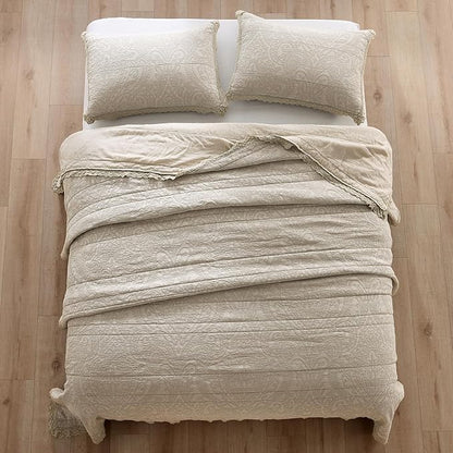 HORIMOTE HOME Stone-Washed Cotton Quilt King Size, Beige Jacquard Embossed Quilt Shabby Vintage Farmhouse Bedspread Coverlet with Crochet Edge, Soft Lightweight Bedding Set for All Season, 3 Pieces