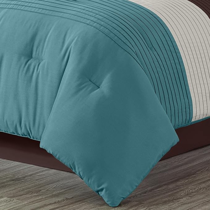 Chezmoi Collection Loft 8-Piece Luxury Striped Comforter Set (California King, Blue/Beige/Chocolate Brown)