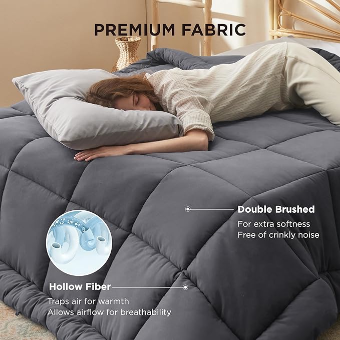 Bedsure Comforter Duvet Insert - Quilted Comforters Queen Size, All Season Duvet, GentleSoft Down Alternative Bedding Blanket, with 8 Tabs, Gifts for Women/Men, Dark Grey, Queen Plus, 90x90 Inches