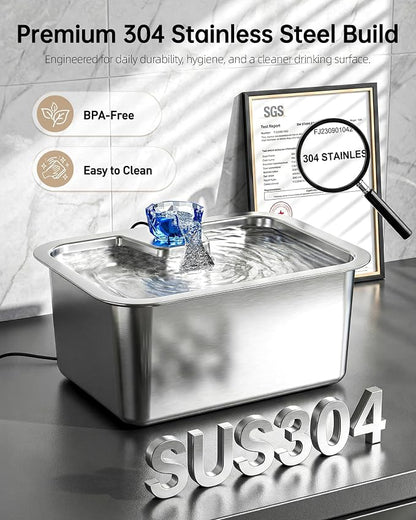 3Gal Large Dog Water Fountain Dispenser, 11L Stainless Steel Pet Fountain with 6 Filters, Corded Ultra Quiet Automatic Dog Water Bowl for Large and Multi-Pet Homes, 12 x 8.7 in Drinking Area