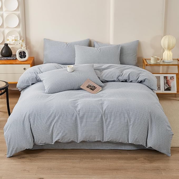 Blue Gingham Twin Duvet Cover Washed Cotton Plaid Twin Comforter Cover Farmhouse Boho Soft Breathable Duvet Cover Set with 2 Pillowcases Checkered Zipper Bedding Set Cute Duvet Protector