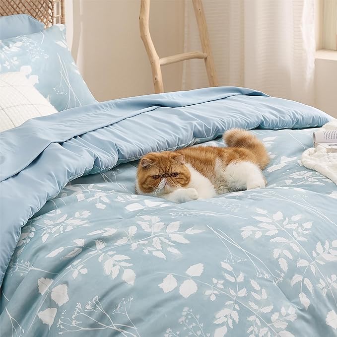 Bedsure Sky Blue King Comforter Set - 7 Pieces Floral Bedding Sets, King Bed in a Bag with Reversible Botanical Flowers Comforter, Sheets, Pillowcases & Shams
