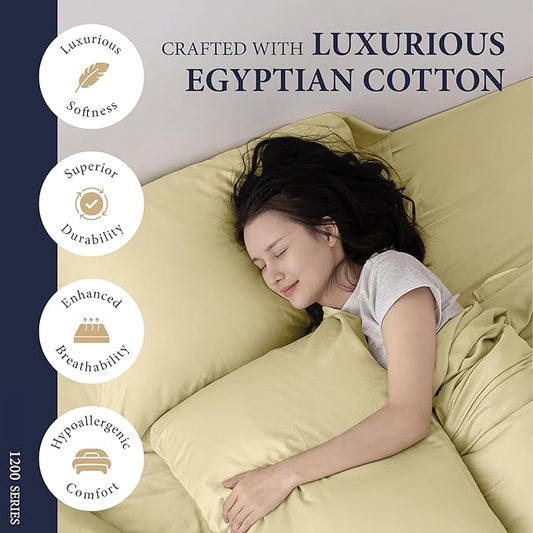 Ashton Sheets 100% Egyptian Cotton Sheets Queen Size - 1200 Thread Count Queen Size Sheets Set Egyptian Cotton, 4 PC Luxury Bedsheet (Beige), Soft, Cooling, 17" Deep Pocket Sateen Bedsheet Set