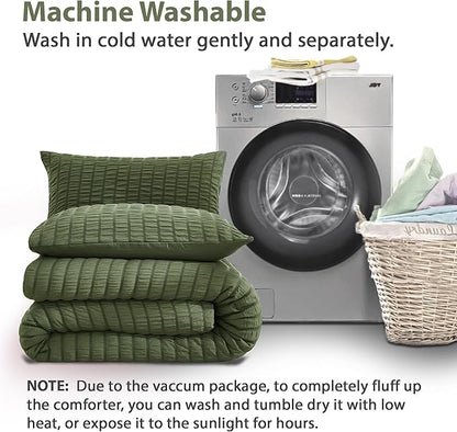 AveLom Seersucker Comforter Set - Dark Olive Green, California King, 104x96, 3 Pieces