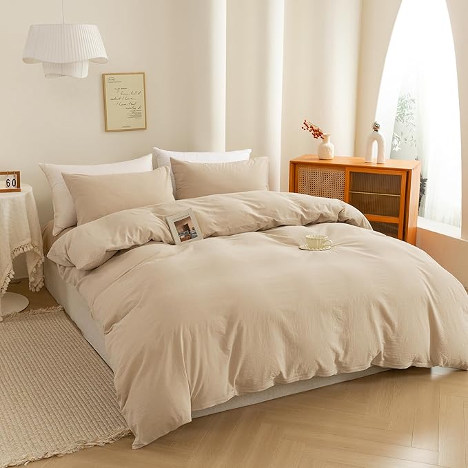 ECOCOTT 100% Washed Cotton Duvet Cover Full Size – Soft & Breathable Linen Feel Bedding Set, 3 Pieces Khaki Comforter Cover with Zipper Closure for All Seasons