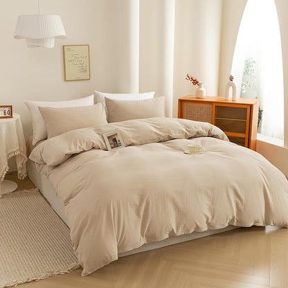 ECOCOTT 100% Washed Cotton Duvet Cover Full Size – Soft & Breathable Linen Feel Bedding Set, 3 Pieces Khaki Comforter Cover with Zipper Closure for All Seasons
