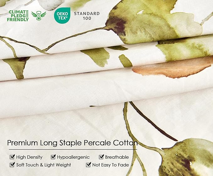 Queen Size Duvet Cover Set with Button Closure - Multicolor Light Green and Yellow Botanical Luxury Bedding for a Comfortable Sleeping