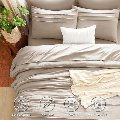 CozyLux Full Size Comforter Sets Wheat, 7 Pieces Soft Pinch Pleat Bed in a Bag Full Comforter Set with Sheets, Boho Bed Set with Down Alternative Comforter, Sheets, Pillowcases & Shams