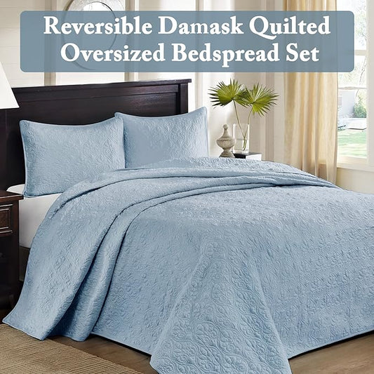 Madison Park Quebec Reversible Quilt Set Damask Design, Double Sided Stitching All Season, Lightweight Bedspread Bedding Set, Matching Sham, Blue, King(120"x118") 3 Piece