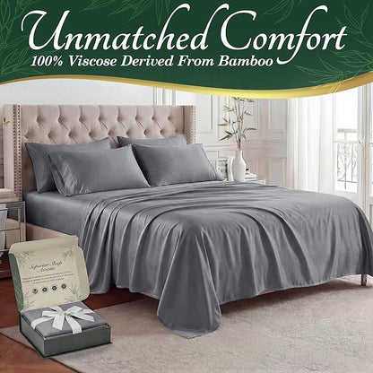 DECOLURE 100% Viscose Derived from Bamboo Sheets King Size - Luxury 6 Pc Naturally Cooling Sheets, Ultra Soft Bed Set - Deep 17" Pockets, Durable Double Stitching, Oeko Tex Standard (Grey)