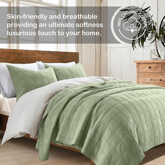 HORIMOTE HOME 100% Cotton Quilt Set Twin Size, Sage Green Pre-Washed Bedspreads Coverlet Set in Geometric Pattern, Cozy Lightweight Stitching Decorative Bedding Cover with 1 Sham for All Season