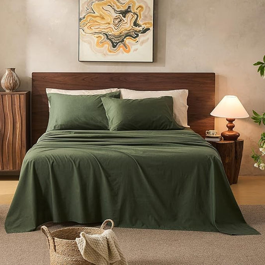 100% Linen Sheets King Size,Breathable & Durable 4-Piece Bed Flax Sheet Set,Soft All-Season Bedding for Hot Sleepers 16" Deep Pocket Oeko-TEX Certified,（King, Forest Green）