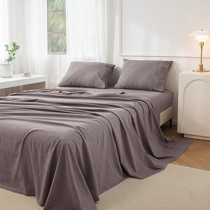 JIYUAN Full Size Sheet Set, 4-Piece - 100% Washed Cotton, Linen-Like Soft & Breathable, Includes Deep Pocket Fitted & Flat Sheet with 2 Pillowcases, Hotel Quality, Heathered Mauve Brown