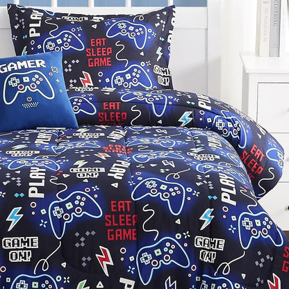Kids Comforter Set Full Size for Boys, Glow in The Dark Gamer Bedding Set 1 Comforter, 1 Decor Pillow, 2 Pillow Shams