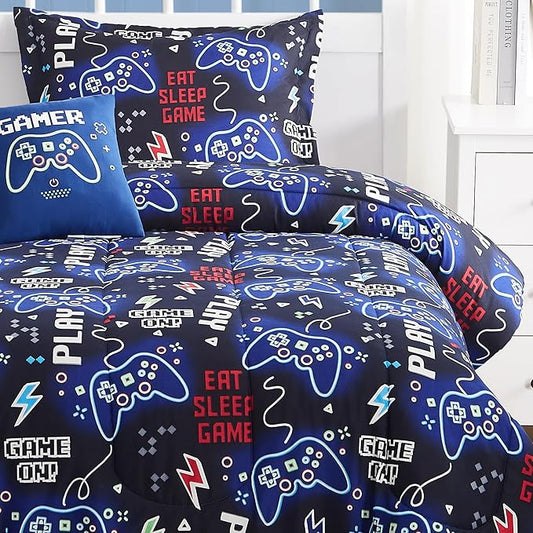 Kids Comforter Set Full Size for Boys, Glow in The Dark Gamer Bedding Set 1 Comforter, 1 Decor Pillow, 2 Pillow Shams